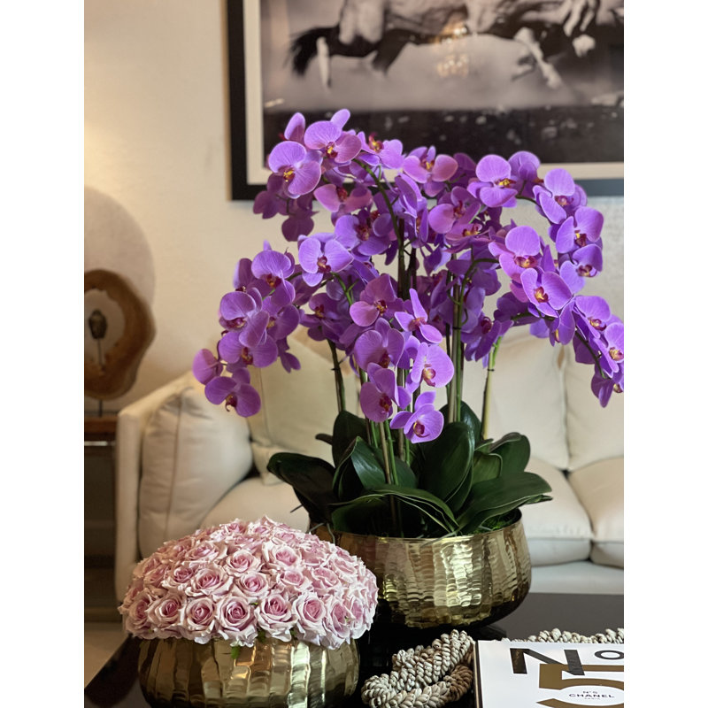Roberi Gold Bowl With Light Purple Orchids, Light Purple