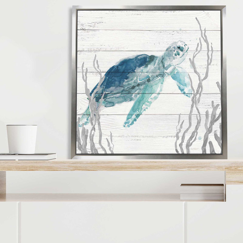 «Aqua Turtle I» par Carol Robinson - Peinture, L 21,5 po x H 21,5 po, Encadrement argenté