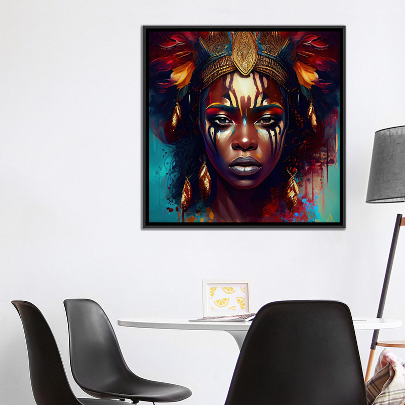 Femme de guerre puissante d'Afrique III, Toile avec cadre flottant noir, H 37 po x l 37 po x P 1,5 po