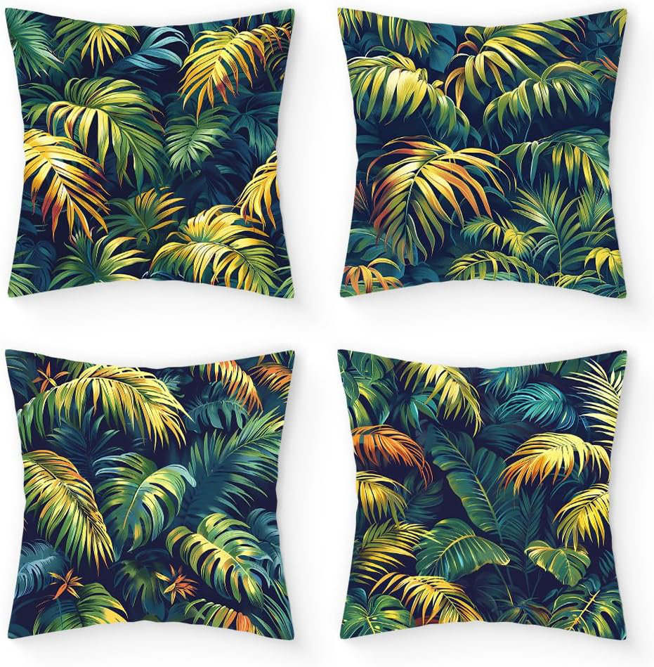AMIPOR 4Pcs Tropical Leaves Pillow Covers, 18X18 In Palm Leaf