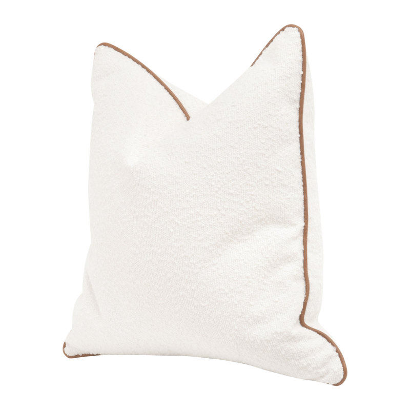 Snow White Boucle Pillow with Whiskey Brown Leather Piping, Set of 2