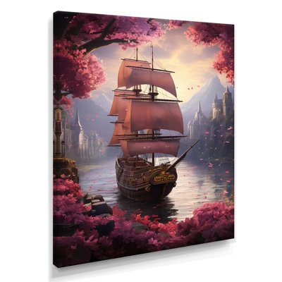Voilier arrivant dans un port rose en fleur - Bateau, reproduction d'art murale