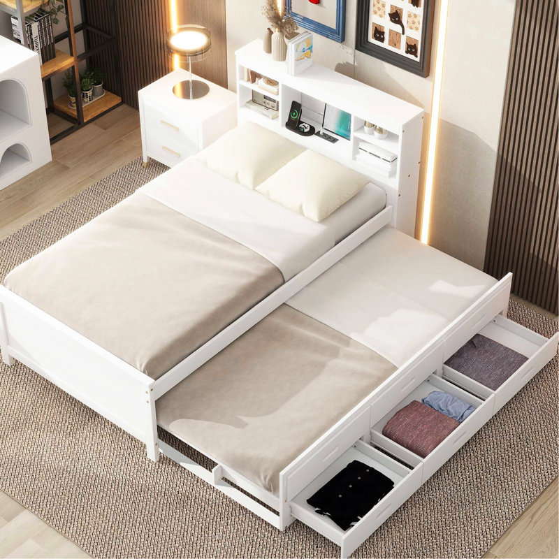 Lit plateforme avec tête de lit, USB, lit gigogne et 3 tiroirs, Blanc