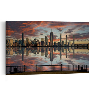 Sunset City Reflection Colorful Dramatic Modern Architecture City Wall Art Print 1 Piece Wrapped Canvas Wall Art