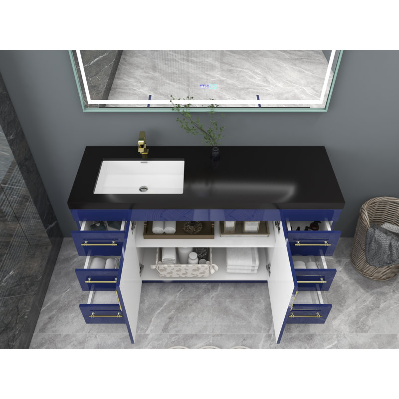 Ensemble de meuble-lavabo simple 60 po Campea, Or mat, Bleu nuit brillant