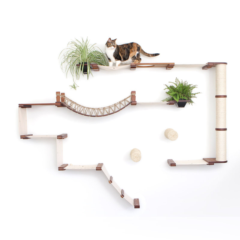 Natural Bamboo Wall-Mounted Cat Tree with Hammocks and Bridge