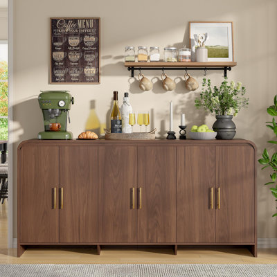 Grande armoire buffet 71 po avec rangement, crédence de cuisine arche moderne avec 6 portes, bar à café courbé en bois pour le salon de la salle à manger, noyer