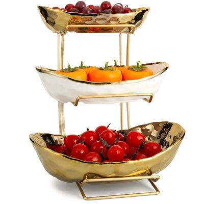 Présentoir à fruits en céramique à 3 niveaux – 2 plateaux à bord doré (haut et bas) + 1 plateau à bord doré (milieu), coupe à fruits en céramique blanche pour comptoir de cuisine, table à manger, présentation de fête