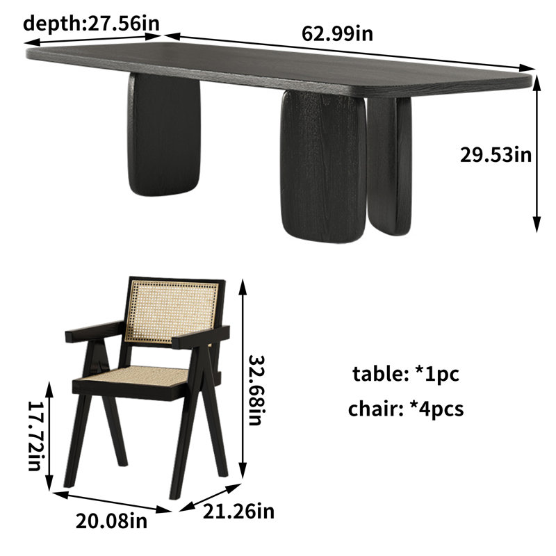 Black Solid Wood Ash Dining Table Set, 29.53"H x 62.99"L x 27.56"W