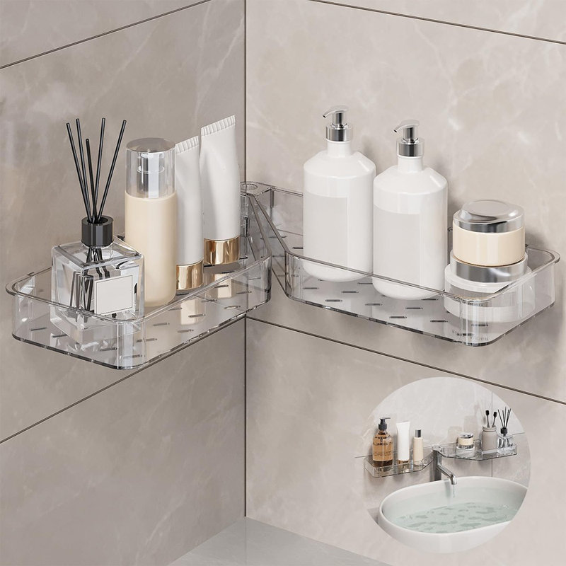 Adhésif de tablette de douche - Transparent - Support de coin en acrylique pour salle de bain et cuisine, rotatif, sans perçage, avec trous de drainage pour le rangement de la douche