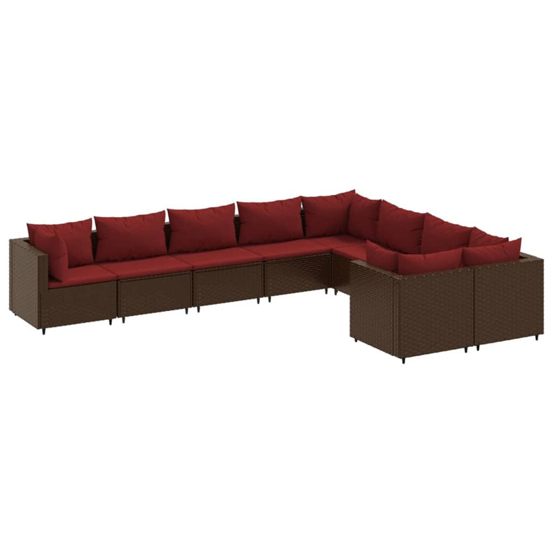  Ensemble de canapé de patio modulaire en rotin PE 9 pièces brun, Brun, Rouge cannelle