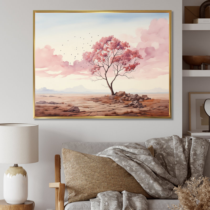 " Minimalism Pink Tree Solitude III ", 16" H x 32" W x 1" D, Gold Floater Framed