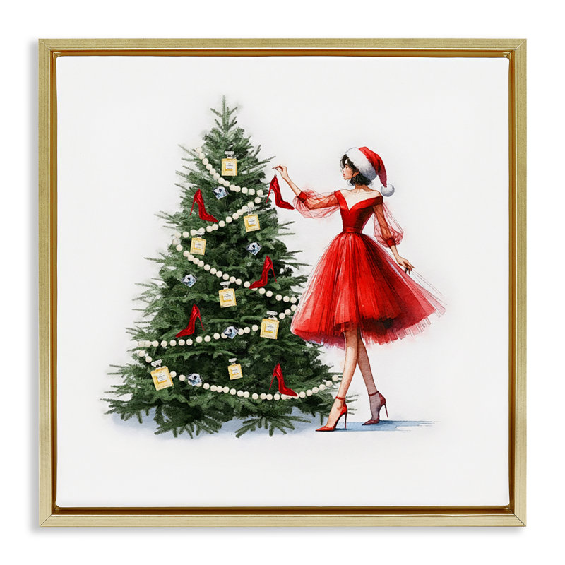 «Holiday Tree Glam Accessoires», art mural sur toile par Amanda Greenwood, H 25 po x l 25 po, Cadre flottant métallique doré