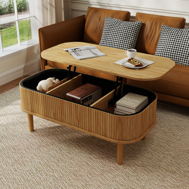 Fluted Lift Top Coffee Table, Modern Oval, Hidden Compartment, Oak, Living Room, Oak