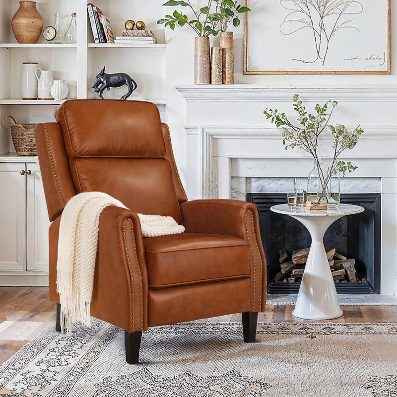 Traditional Breathable Top Grain Genuine Leather Recliner, Camel