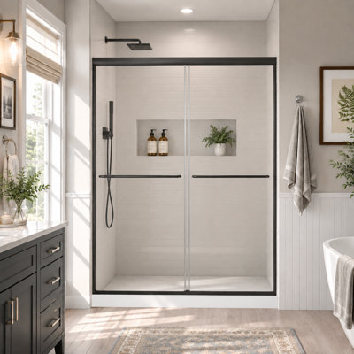 Wynnt 56-60"W x 70"H Double Sliding Framed Shower Door, 1/4"(6mm) SGCC Explosion-Proof Tempered Clear Glass, Matte Black Aluminum Frame, Space Saving for Modern Minimalist Bathroom