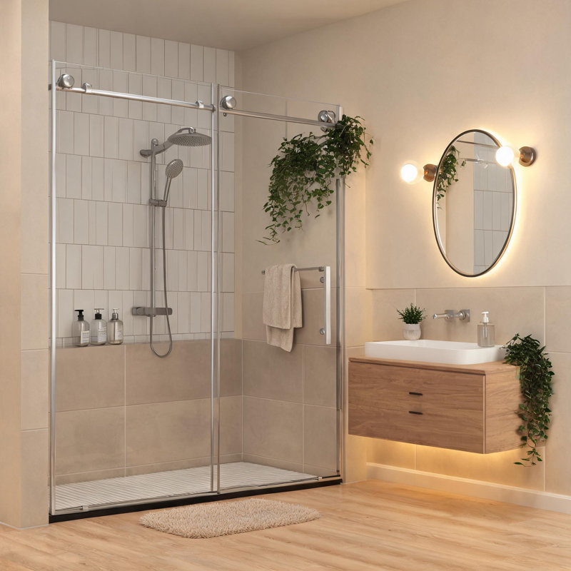 Porte de douche sans cadre en nickel brossé de 112 à 122 cm avec verre trempé transparent et poignée en acier inoxydable