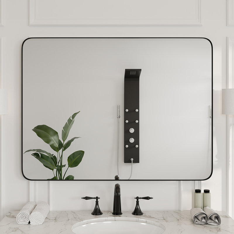 Ebern Designs Ragio Rectangular Black Metal Framed Mirror, 48" x 36"