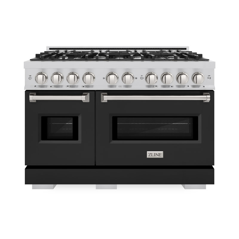ZLINE 48" Classic Double Oven Gas Range w/ 8 Burner Cooktop & White Matte Doors, Stainless Steel/Black Matte