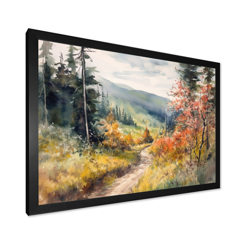 Petite route dans un paysage de montagne VII - forêt, art mural, H 34 po x l 44 po x P 1,5 po, Cadre photo noir