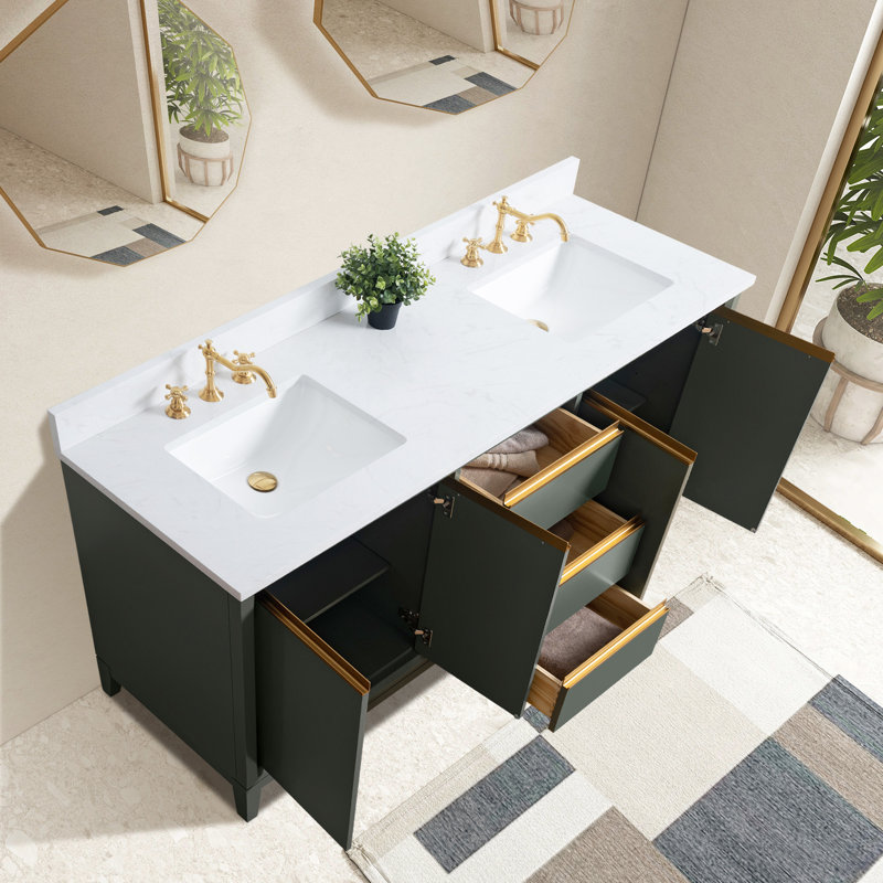 Meuble-lavabo double 60 po avec comptoir, Vert rétro, Lit double, 60"