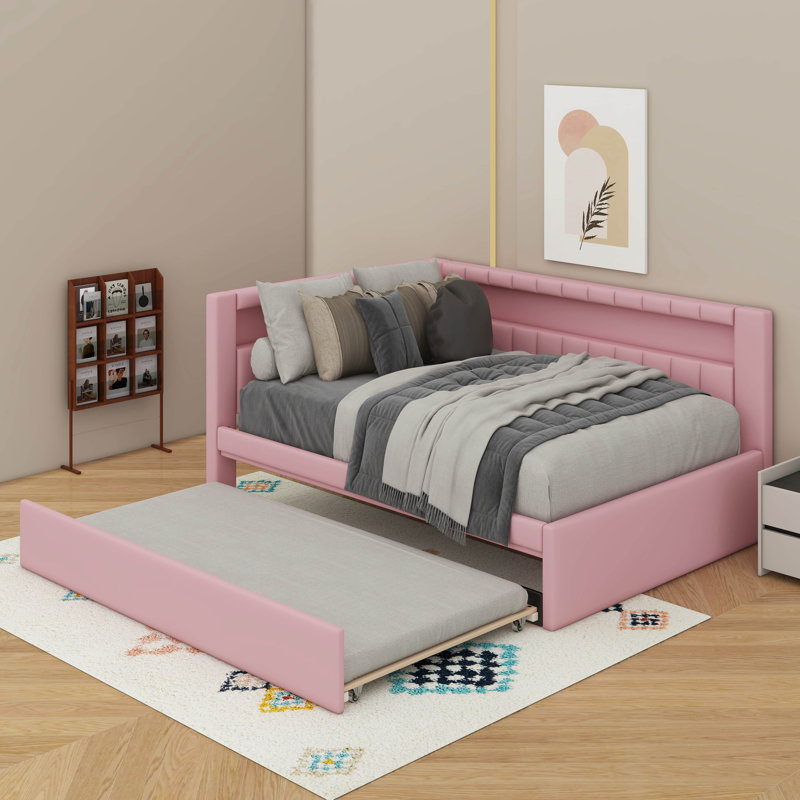 Full Size Platform Bed With USB And Trundle, Pink