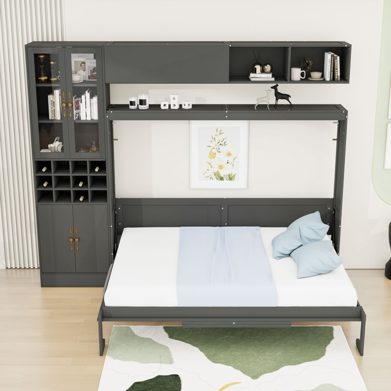 Lit escamotable avec tablettes, USB et lumière Murphy, gris, Double