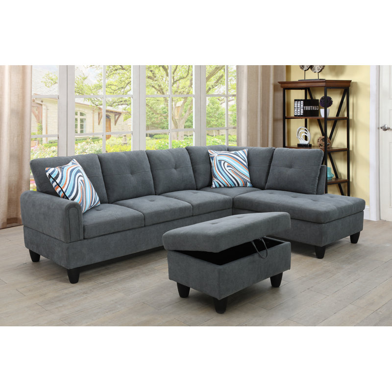 Dark Grey Fabric 3-Piece Sectional Sofa Set with Storage Ottoman, Gray Velvet, Right Hand Facing