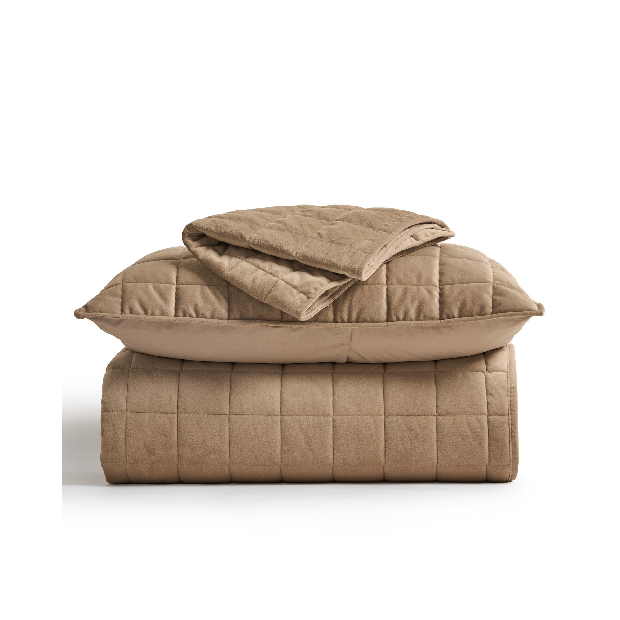Box Stitch PearlVelvet Quilt set, Camel, Queen Quilt + 2 Standard Shams