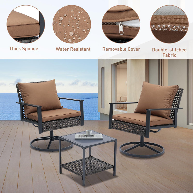 4 Piece Outdoor Furniture Swivel Chair Sets With Cushions, Brown