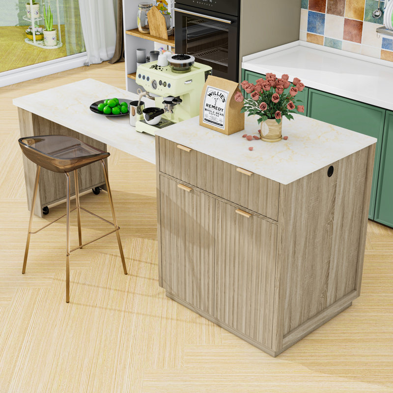 Kitchen Island with Extendable Dining Table for 4-6, Double-Sided Storage, Power Outlet and Drawers, Natural