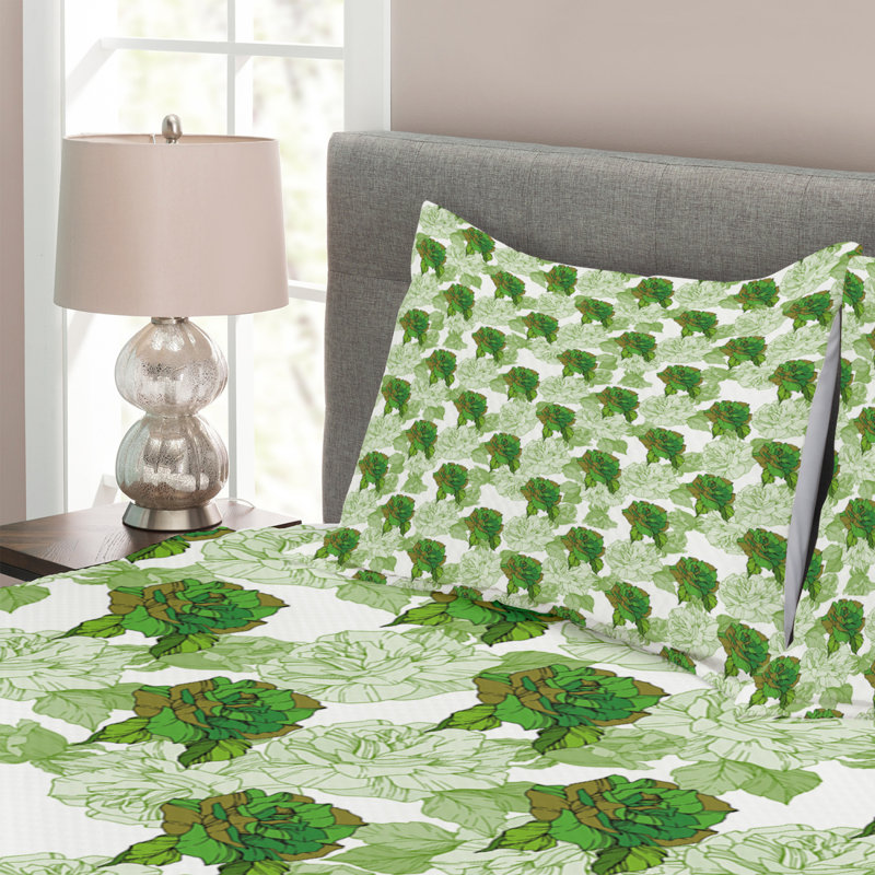 Abobaker  White/Green Microfibre Bedspread Set, 220 x 264 cm