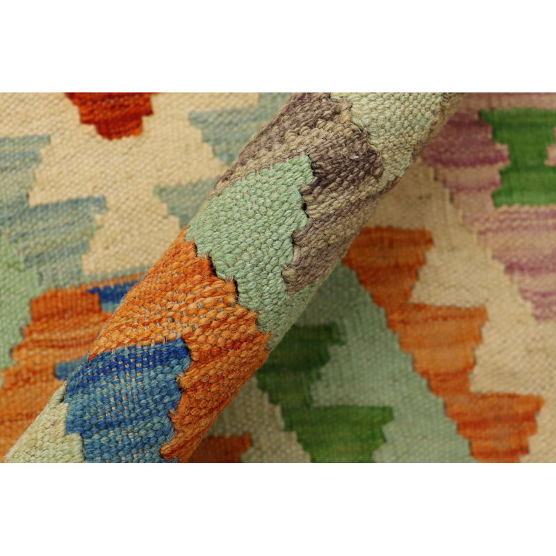 Tapis beige / jaune / vert en laine à motif géométrique rectangulaire à tissage plat 3 pi 4 po x 4 pi 10 po Hilma