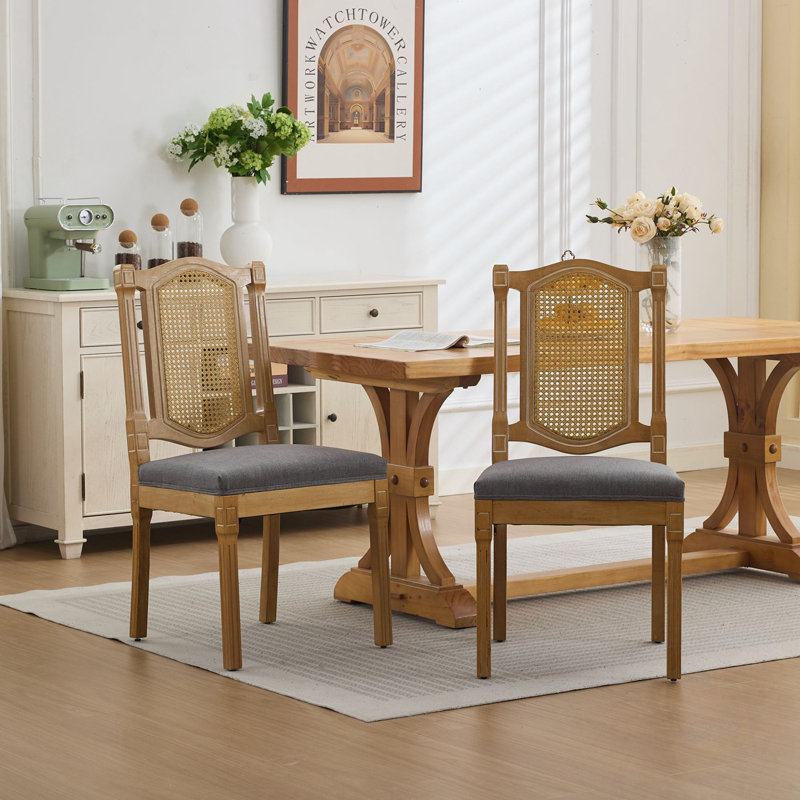 2-Pack Dining Side Chairs With Rattan-Back, Grey