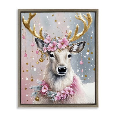 «Pink Floral Festive Reindeer», art mural sur toile par Tabz Jones