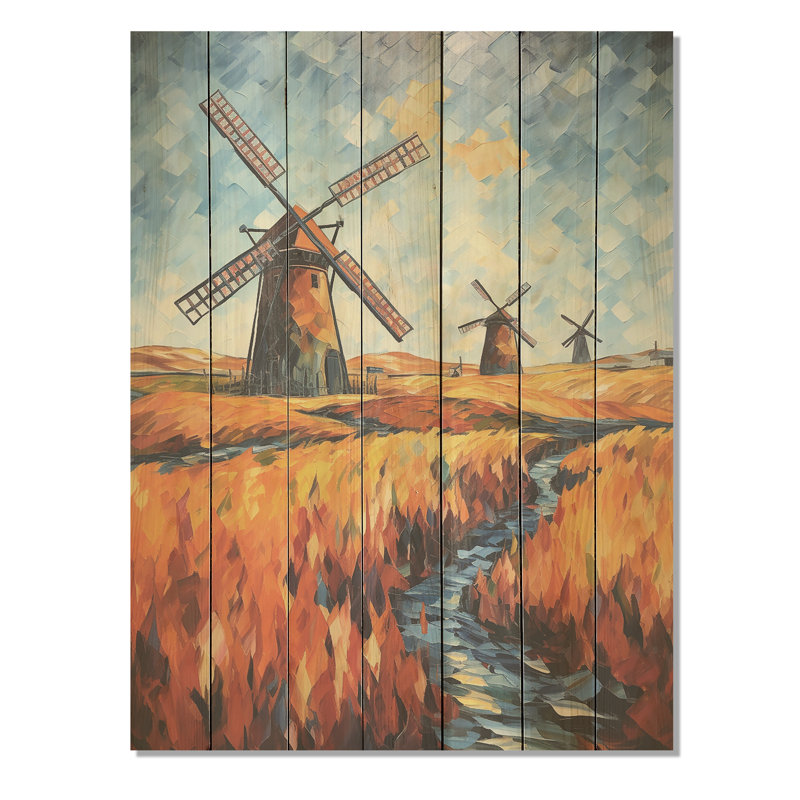 Fauvist Windmill Meadows I - Éoliennes sur bois, H 40 po x l 30 po