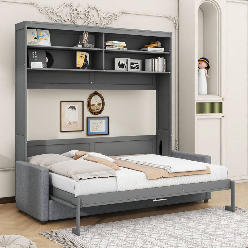 Queen Size Murphy Bed with Sofa Integration, Gray