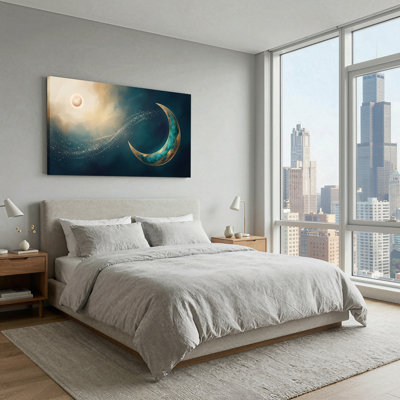 Art mural toile sarcelle, croissant de lune et soleil doré avec sentier étoilé 47 po x 24 po x 1,5 po
