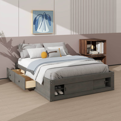 Queen Size Platform Bed Frame With Four Drawers And Storage At Footboard, Headboard-Free