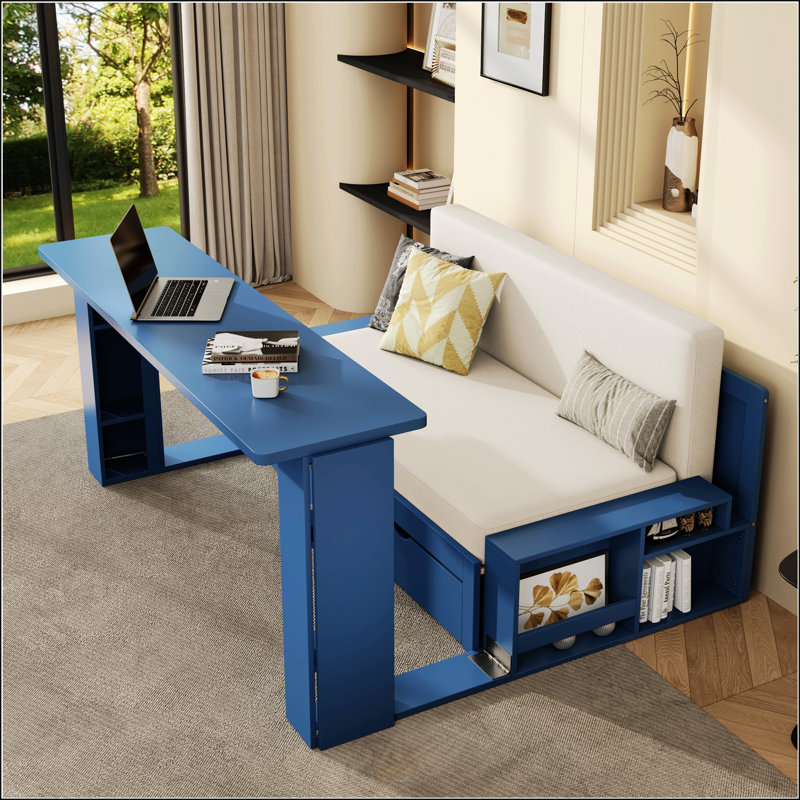 Lit de jour double avec bureau amovible, tiroirs de rangement et table d'appoint hydraulique pour des espaces de vie multifonctionnels