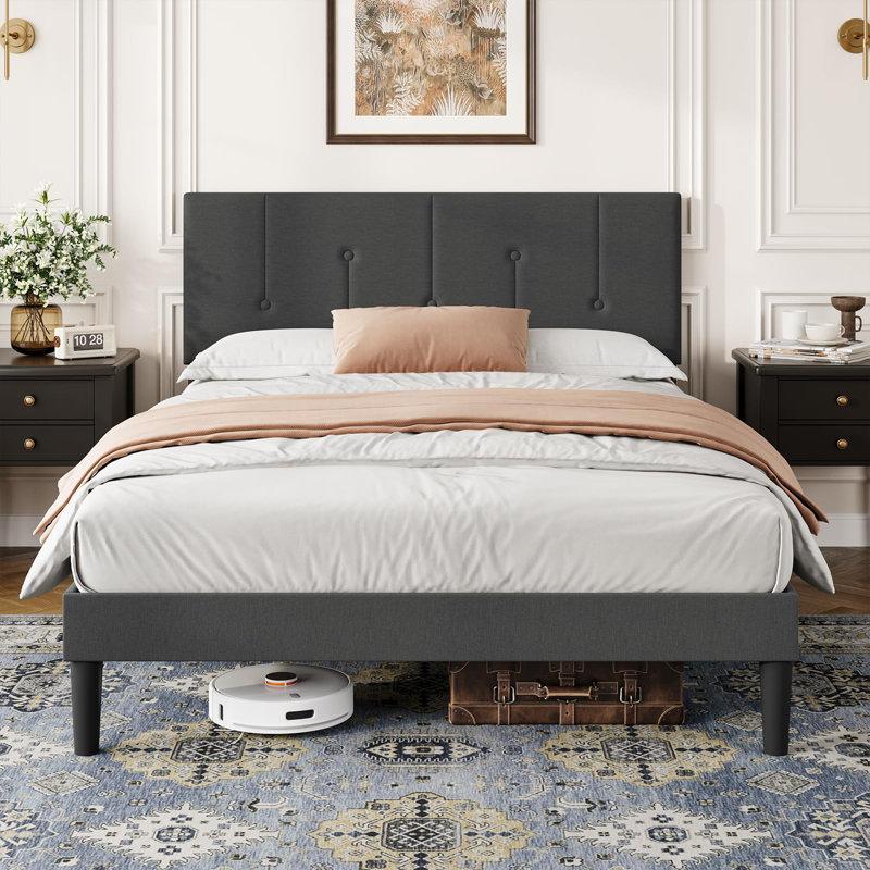 Bed Frame with Adjustable Linen Headboard, Solid Wooden Slats & Upholstered Platform, Easy Assembly, Kingsize (5'), Dark Grey
