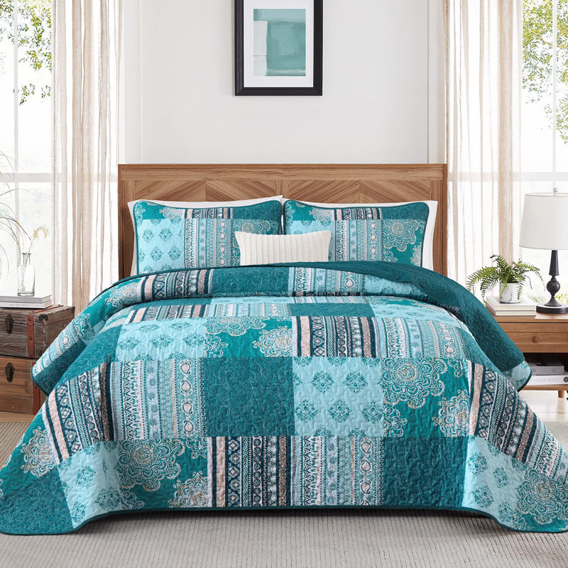 Ensemble de literie réversible 3 pièces Boho, Courtepointe très grand + 2 taies décoratives, Teal Patchwork