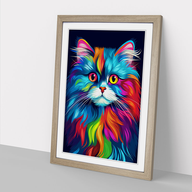 Persian Cat Pop - Single Picture Frame Print on Wood, Oak , 34cm H x 25cm W x 2cm D