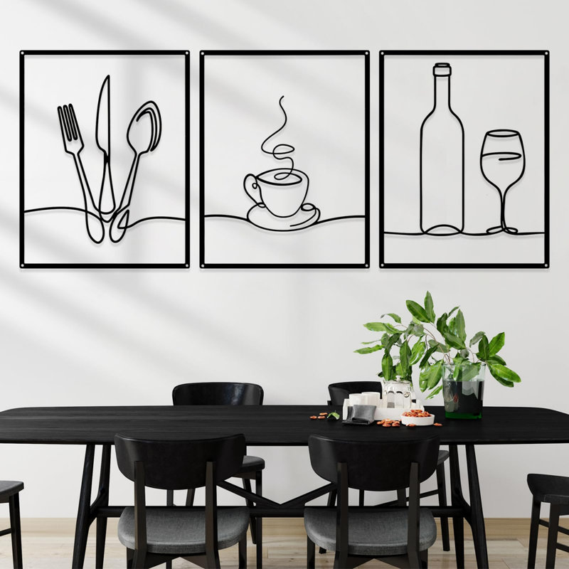 Minimalist 14''x11'' Metal Line Kitchen Wall Decor Set