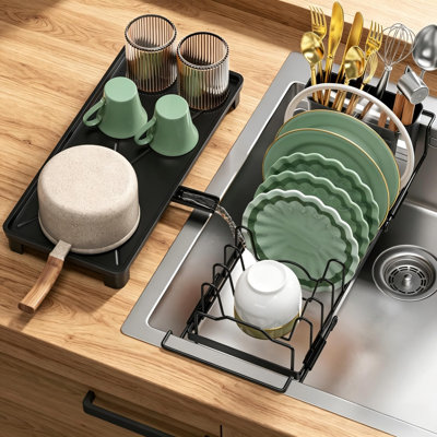 Égouttoir à vaisselle, égouttoir à vaisselle extensible avec plateau de séchage, égouttoir à vaisselle pour comptoir de cuisine avec porte-couverts réglable, peu encombrant pour les petites cuisines (noir)