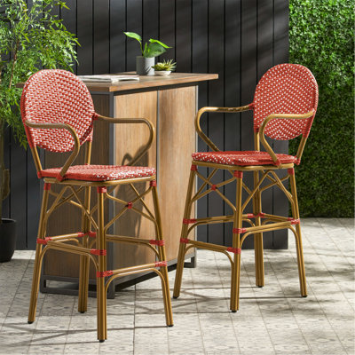 Ensemble de 2 tabourets de bar d'extérieur en osier et aluminium 29,5 po, rouge, finition bambou