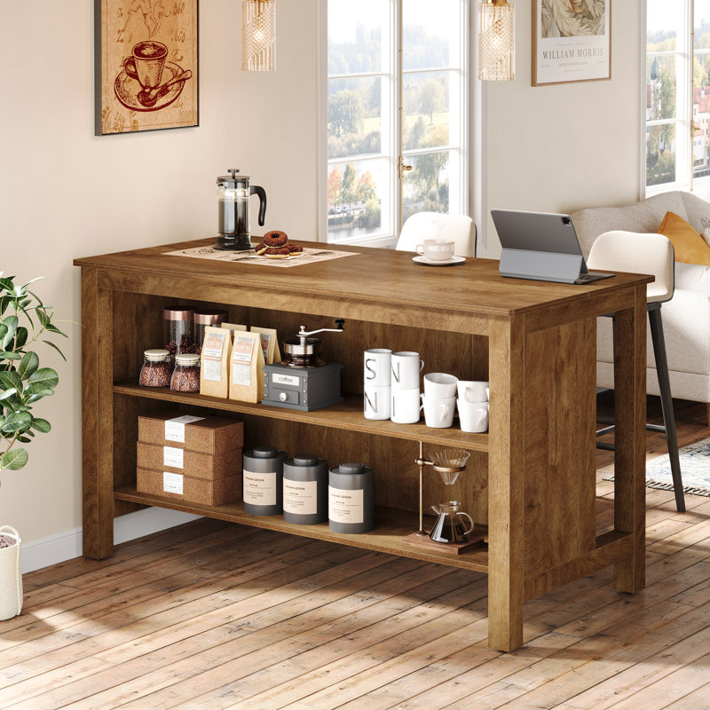Table de bar 59 po, table de pub à 3 niveaux avec tablettes de rangement, Brun naturel