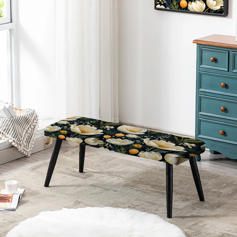Banc rembourré floral noir, Beige And Yellow Weave Ikat Blooms