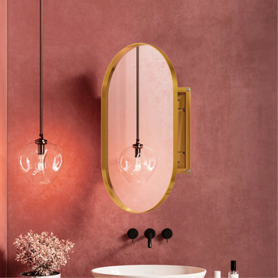 Armoire de salle de bain ovale avec cadre en métal 20 po x 34 po avec miroir et tablettes réglables, pharmacie et rangement encastrés or mat