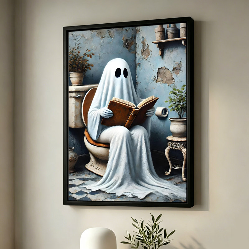 Fantôme d'Halloween lisant un livre sur les toilettes, tableau sur toile encadré, cadre marron, 61 x 91 cm, 24x36, Brown